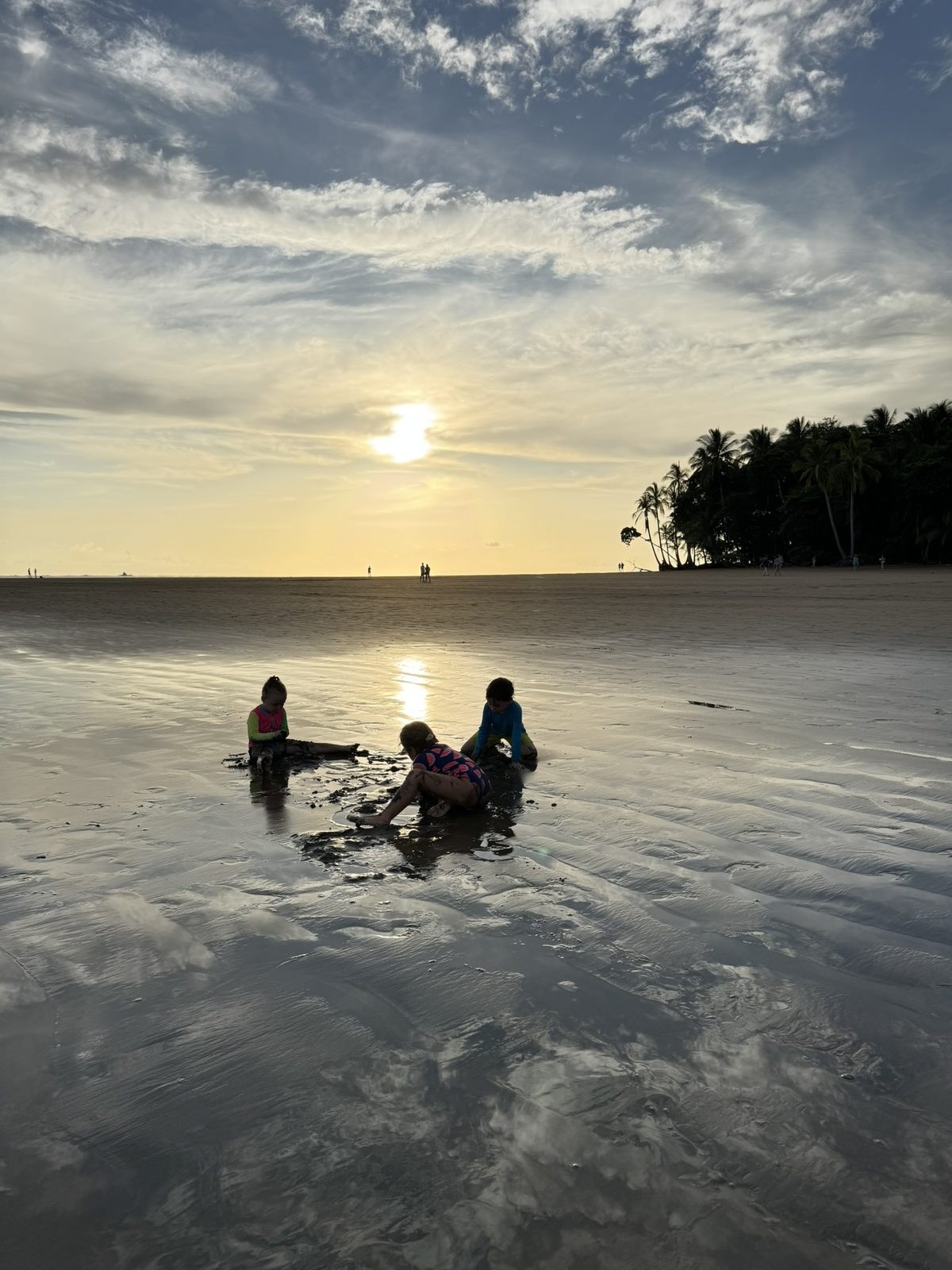 Three children digging in the wet sand on the tidal flats as the sun drops toward the Pacific, palms silhouetted on the headland behind